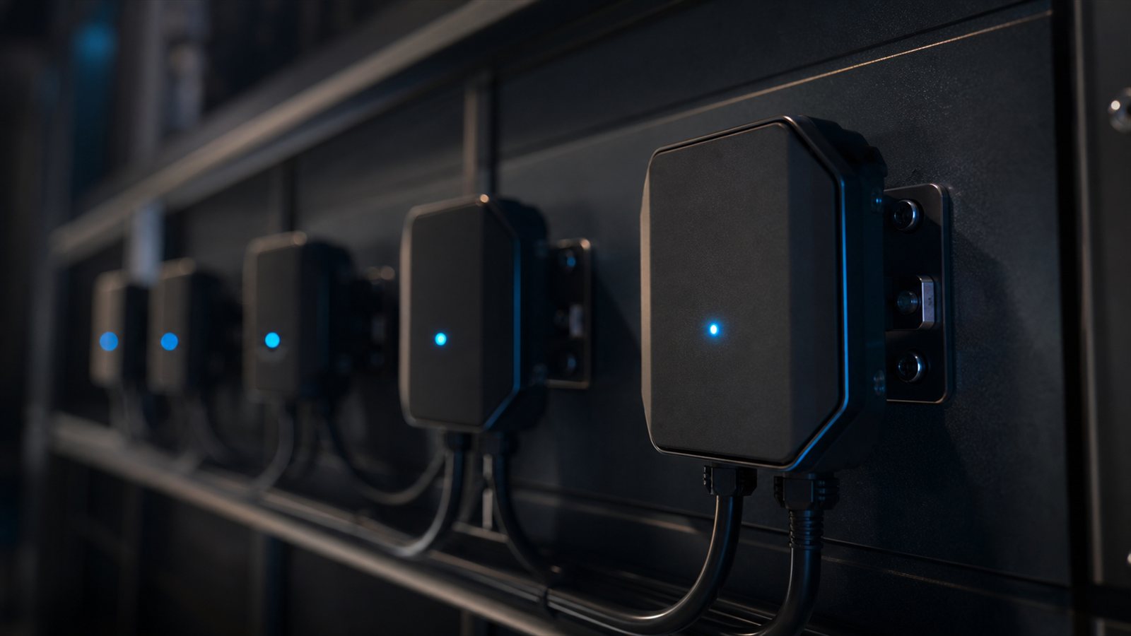 A row of wall-mounted connected devices, each with a lit blue status LED