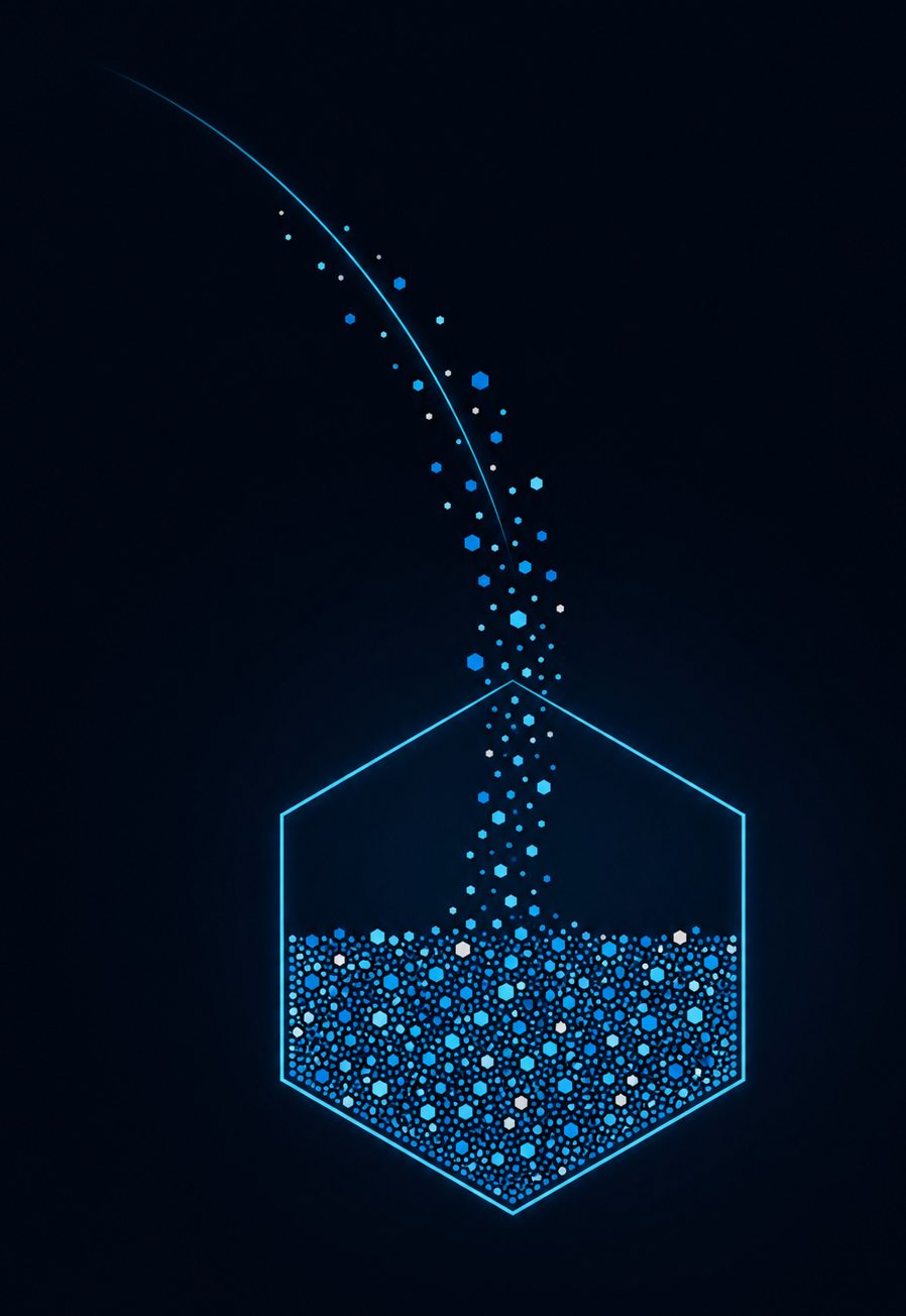 Illustration of an over-the-air update: a stream of hexagonal packets arcs down and fills a glowing hexagon